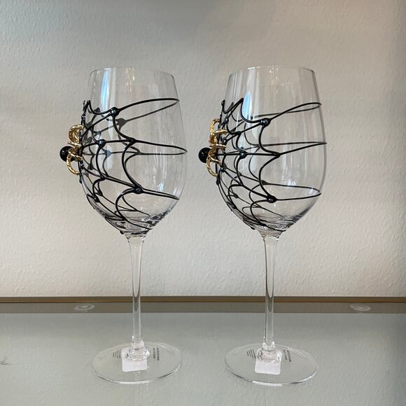 Gorgeous Halloween Jeweled Spider on Web with Pearl Wine Glass Set of 2 NEW - Picture 4 of 15